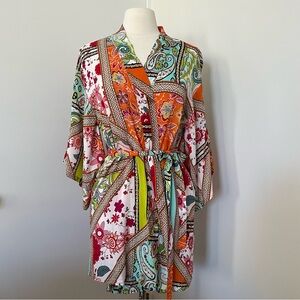 Josie Natori Wrap Robe Kimono Swim Cover Up Open Tie Waist  Patchwork Floral S/M